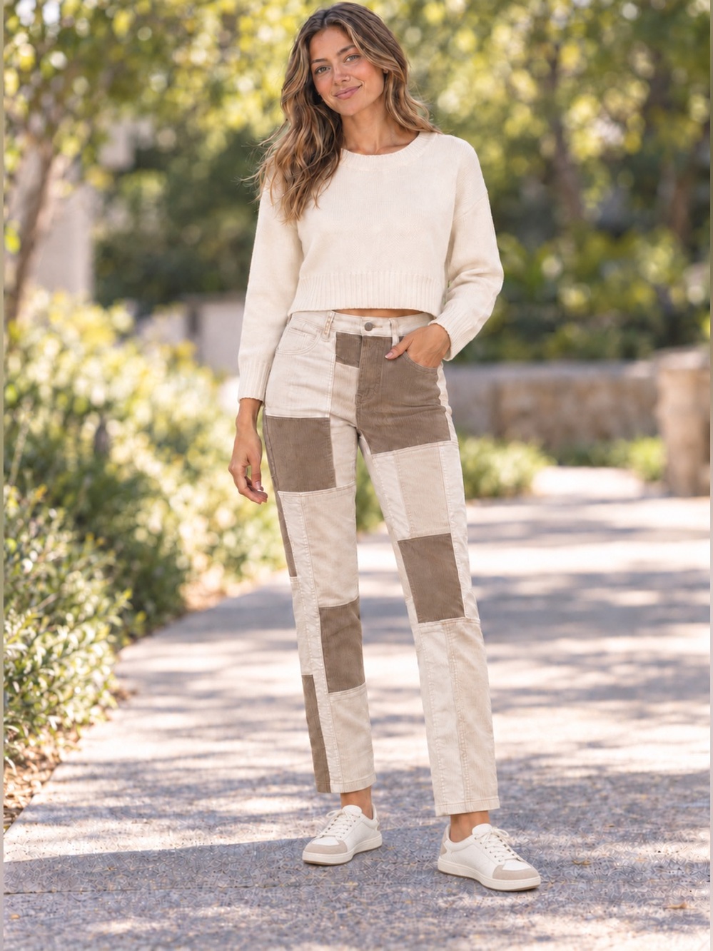 Pilcro Anthropologie Patchwork Corduroy Straight Leg Pants Beige Cream Retro, 28